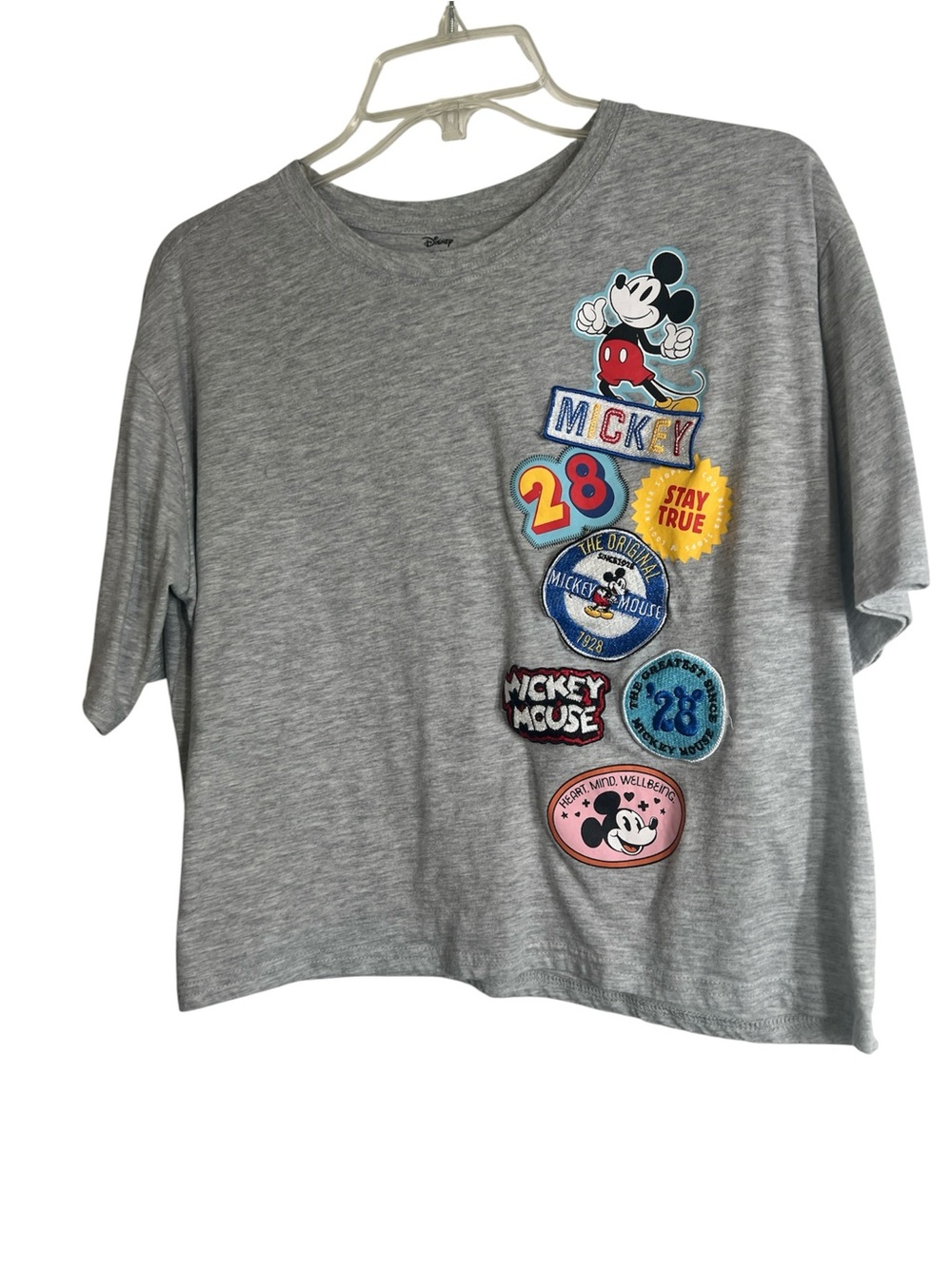 Juniors (15-17) Disney Micky Mouse Gray Cropped Tee with Patches.